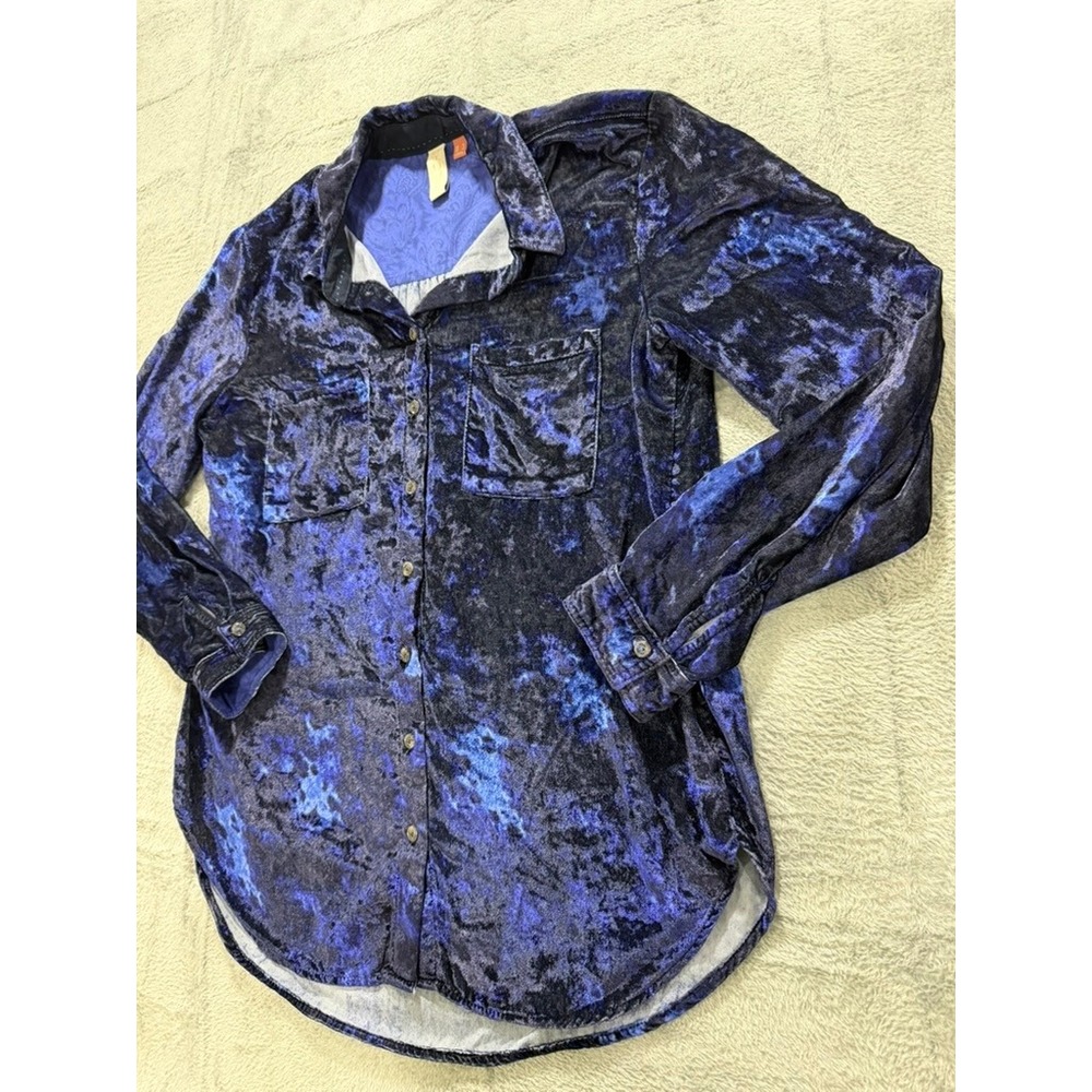 Pilcro Anthropologie Button Up Shirt Women US 6 Blue Velvet Abstract Top - Picture 4 of 12